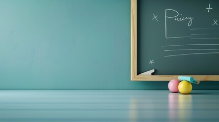 Detailed classroom scene featuring a blackboard with colorful chalk writing, an eraser resting on the tray, and a teacher explaining a lesson, realistic setting
