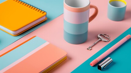 Detailed close-up of a variety of merchandise items like keychains, mugs, and notebooks, displayed on a sleek, modern background, vibrant and sharp visuals
