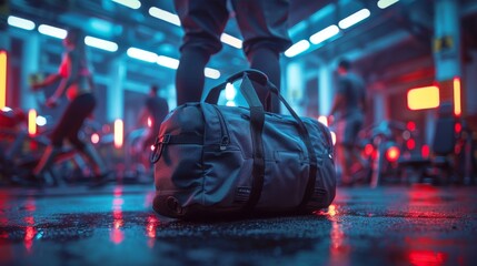 Fitness Gym Bag in Neon-lit Gym Environment - Generative AI