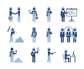 Engineering people. Engineer working at computer, agreement, technical workers. Corporate engineers pictograms set.