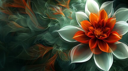 Abstract Orange and White Flower on Dark Green Background: An eye-catching abstract flower with orange and white petals, layered beautifully, against a dark green background, providing a rich