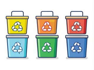 Colorful flat vector icons of separated recycle bins for plastic, paper, and glass waste, isolated on white background with bold lines and minimalist design.