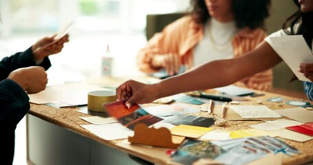 Hands, friends and diy craft in home for scrapbooking, memory or hobby together. Girls, group and women with paper glue for creative handmade art, pictures and writing on post card for design decor
