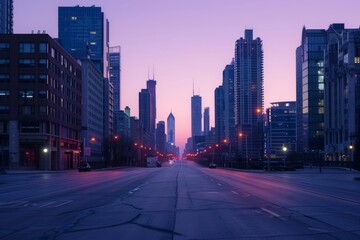 Fototapeta premium Empty City Street at Dawn with Purple Skyline