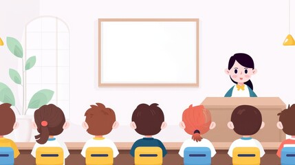Vibrant classroom scene with children eagerly participating in a lesson, diverse students, enthusiastic teacher, colorful decorations, dynamic and engaging atmosphere