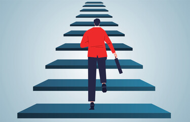 Positive attitude, motivation and challenge to move forward, progress and improvement in career, businessman running up the steps
