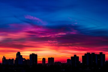 Fototapeta premium Silhouetted Cityscape Against a Vibrant Sunset