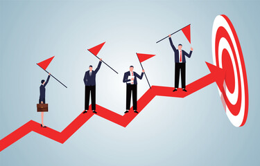 Teams and team members who reach the goal, complete the task or achievement, employee performance appraisal, businessman standing with a flag on a chart of arrows that reach the bullseye