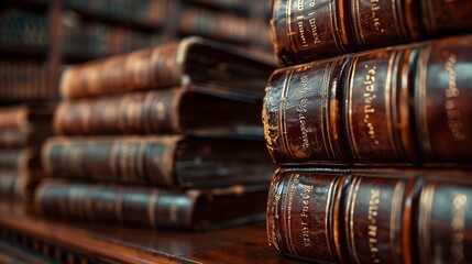 Vintage library setting with rows of bookshelves, leather-bound volumes and ornate book covers, soft ambient light, historical atmosphere