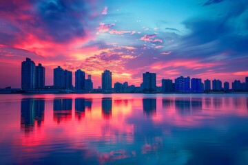 Fototapeta premium Pink Sunset Over City Skyline
