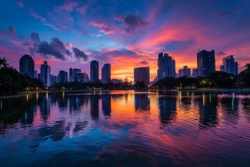 Fototapeta premium Cityscape Reflection at Sunset
