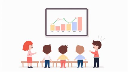 Lively classroom scene with children participating in a math lesson, teacher encouraging student interaction, colorful charts and educational displays
