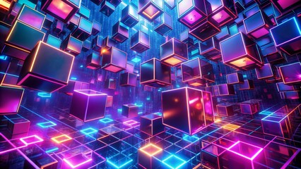 Neon Cubes Abstract Background, 3D Rendering, Futuristic, Digital Art, Technology