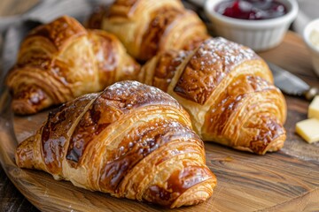 Fototapeta premium Close-up of Delicious Croissants with Powdered Sugar on a Wooden Board