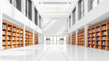 Modern library scene with shelves of manuals, guides, and workbooks, sleek design, students and readers immersed in literature, inviting and educational environment