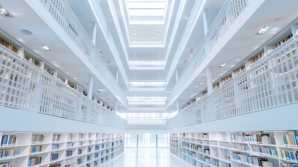 Modern library scene with shelves of manuals, guides, and workbooks, sleek design, students and readers immersed in literature, inviting and educational environment
