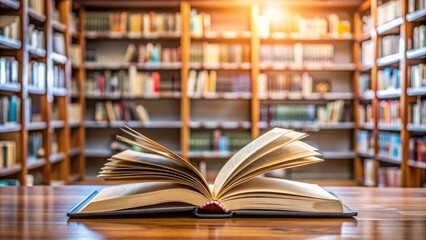 Fototapeta premium Open Book on Wooden Table in Library with Blurred Bookshelves Background