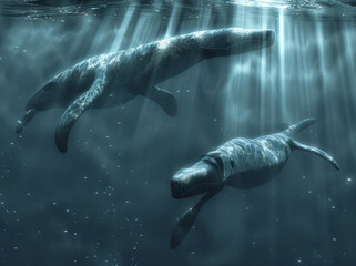 Fototapeta premium Two Plesiosaurs Swimming in the Depths