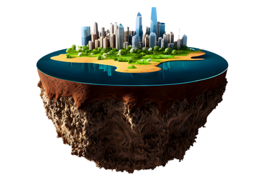 Round soil ground cross-section with earth land and modern city, paradise fantasy floating island with natural on the rock, surreal float landscape.