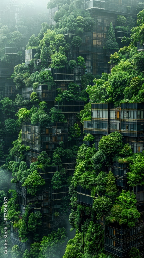 Poster panoramic view of buildings covered in vertical forests, integrating nature into urban architecture