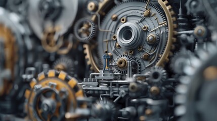 Close-up of intricate mechanical gears and cogs, showcasing detailed engineering and industrial design.