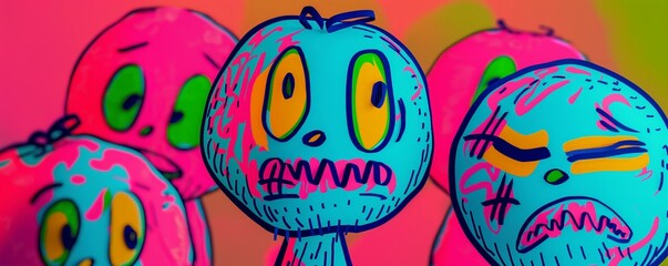 Colorful abstract cartoon characters with expressive faces set against a vibrant background, evoking creativity and emotion.
