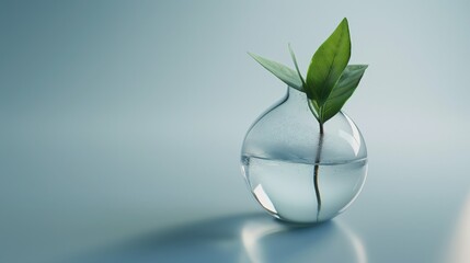Minimalist image of a single green leaf plant growing in a glass vase filled with water on a smooth surface, evoking freshness and tranquility.