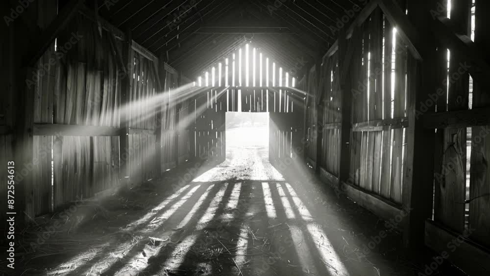 Poster inside the barn is filled with shadows and light creating an eerie yet intriguing atmosphere. black 