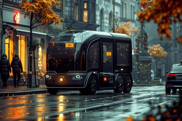 Obraz premium Close-up of an electric autonomous delivery vehicle on a city street, emphasizing green technology in logistics 