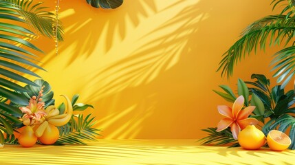Tropical background with exotic fruits and flowers on a sandy beach with palm tree shadows. Summer concept, vacation, resort, beach party, advertising banner.