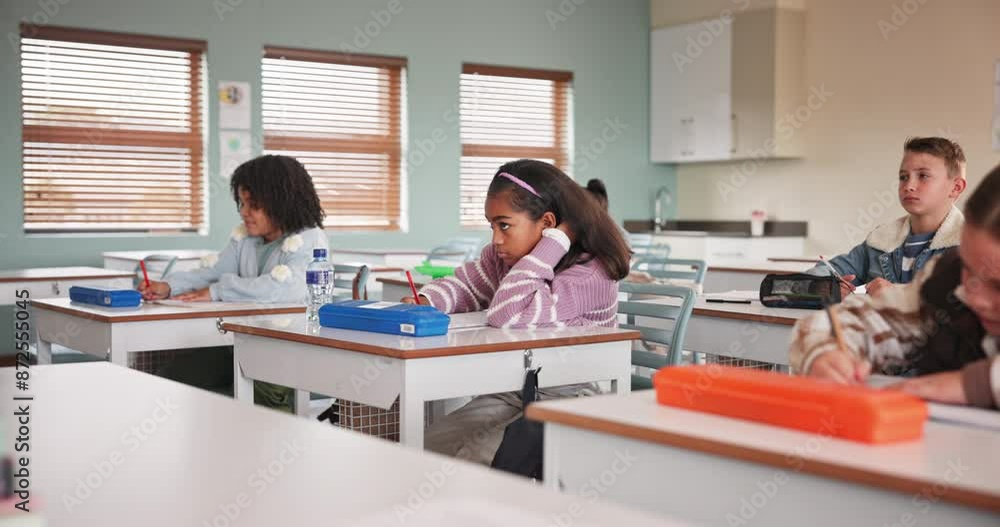 Aufkleber exam, writing and students in classroom for education, learning and pencil for assessment in element
