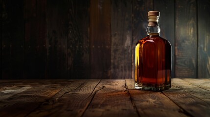 Bottle of brandy on a wooden table in a dark room
