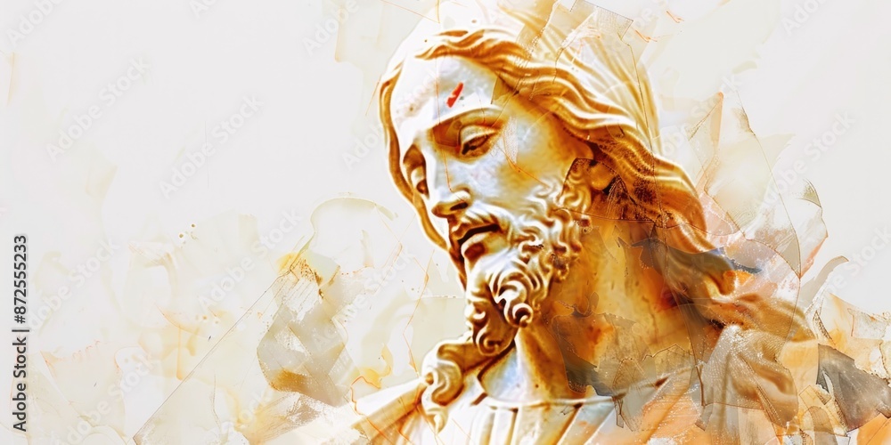 Wall mural jesus christ statue in double exposure on neutral background. soft hues.