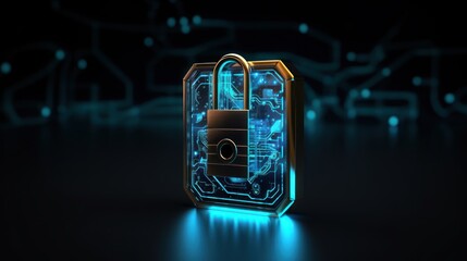Golden padlock icon on a digital circuit board, representing cybersecurity, data protection, and privacy.