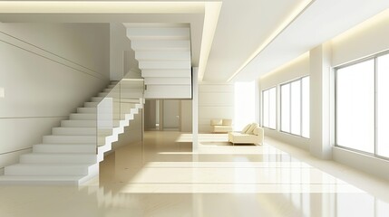 Obraz premium Modern Minimalist Interior Design with Staircase and Window Views