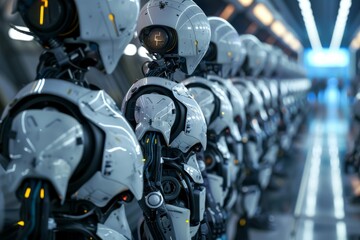 Fototapeta premium Line of White Robots in Futuristic Factory
