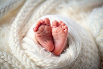 Adorable close-up of tiny bare foot of newborn baby gently curled and relaxed on soft white blanket