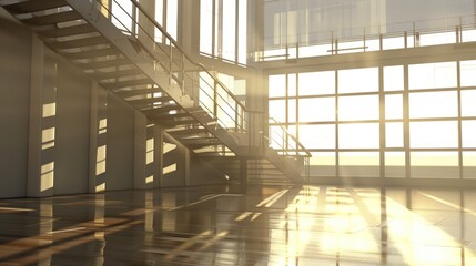 Modern Office Interior with Staircase and Sunbeams