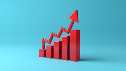 A 3D red bar graph with an upward arrow indicating growth or success against a blue background.