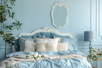 Elegant Blue Bedroom Interior with White Bed and Ornate Mirror