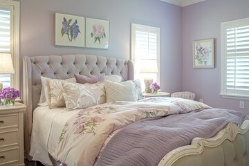 Fototapeta premium Elegant Lavender Bedroom with Floral Decor