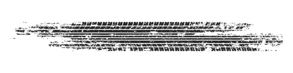 Grunge tire track, wheel braking marks. Truck, car or motorcycle tread pattern silhouette. Auto race, motorsport, speed racing design element. Vector illustration