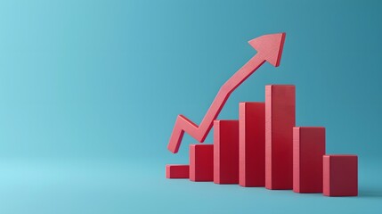 3D Red bar chart rising upward on blue background representing business growth, success, and positive financial trends.