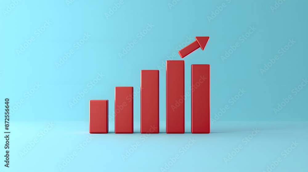 Poster red bar graph showing growth with an upward arrow on a light blue background, representing progress,