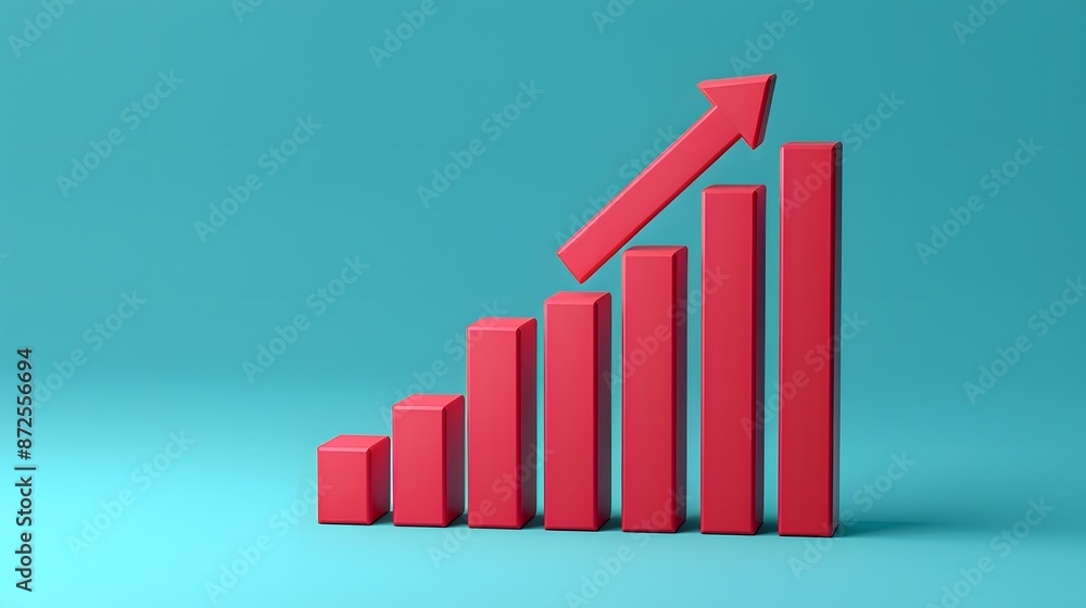 Poster red bar graph with an upward arrow showing growth or success on a cyan background, representing busi