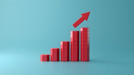 Red bar graph rising on blue background with upward arrow, representing growth, success, or positive trend in business statistics. 3D Illustration.