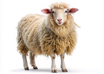 Fototapeta premium Adorable fluffy sheep with curly horns and soft fur stands alone on a pure white background, showcasing its gentle nature and rustic charm.