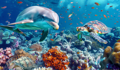 Obraz premium Dolphin and Turtle Encounter in a Vibrant Coral Reef