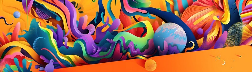 Vibrant and colorful abstract painting with flowing shapes and a surreal landscape.