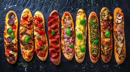 A variety of different pizzas on a slate table.